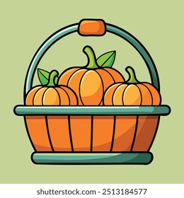 Simple vector image of a basket with ripe pumpkins, ideal for autumn harvest-themed designs and seasonal marketing materials