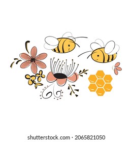 Simple vector image of bees, flowers, the word honey. Sketch with cute characters - bees and flowers in the Doodle style.