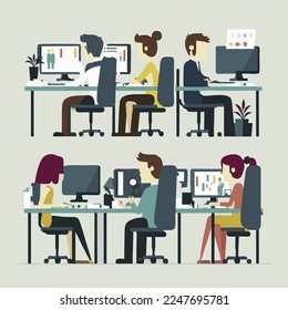 A simple vector image of a business of people working would depict a group of people engaged in various tasks and activities related to their work