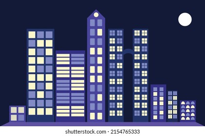 Simple imagen vectorial de una ciudad con rascacielos altos por la noche.