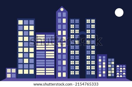 Simple vector image of a city with tall sky scrapers at night.