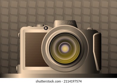 Simple vector image of a digital camera with aluminum body, with lens attached, lying on a metal surface.