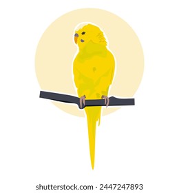 Simple vector image of a lemon yellow budgie sitting on a branch on a beige and white background