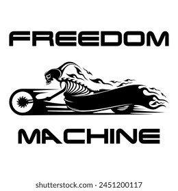 Simple Vector Image Of A Motorcycle In The Form Of A Human Skeleton On A White Background With Lettering FREEDOM MACHINE. T-shirt Image