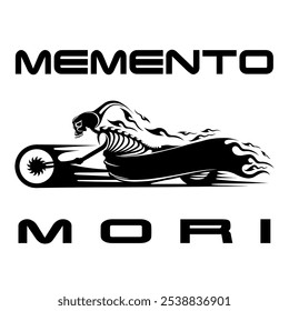 Simple Vector Image Of A Motorcycle In The Form Of A Human Skeleton On A White Background With Lettering 
MEMENTO MORI. T-shirt Image