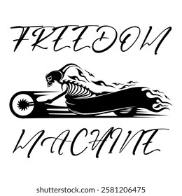 Simple Vector Image Of A Motorcycle In The Form Of A Human Skeleton On A White Background With Lettering FREEDOM MACHINE. T-shirt Image. Jacket design.