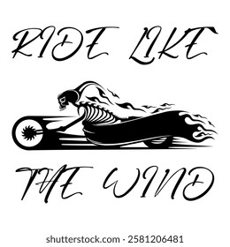 Simple Vector Image Of A Motorcycle In The Form Of A Human Skeleton On A White Background With Lettering RIDE LIKE THE WIND. T-shirt Image. Jacket design.