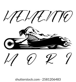 Simple Vector Image Of A Motorcycle In The Form Of A Human Skeleton On A White Background With Lettering MEMENTO MORI. T-shirt Image. Jacket design.