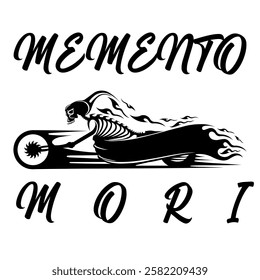 Simple Vector Image Of A Motorcycle In The Form Of A Human Skeleton On A White Background With Lettering MEMENTO MORI. T-shirt Image. Jacket design. Sample Tattoo Design