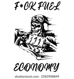 Simple Vector Image Of A Motorcycle In The Form Of A Human Skeleton On A White Background With Lettering F*CK FUEL ECONOMY. T-shirt Image. Image For Tattoo. Jacket design.