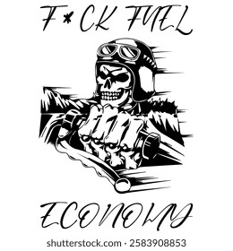 Simple Vector Image Of A Motorcycle In The Form Of A Human Skeleton On A White Background With Lettering F*CK FUEL ECONOMY. T-shirt Image. Image For Tattoo. Jacket design.