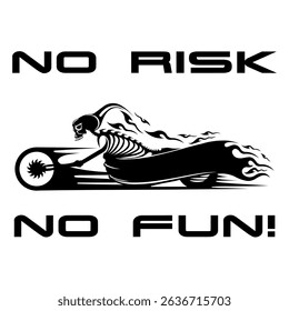 Simple Vector Image Of A Motorcycle In The Form Of A Human Skeleton On A White Background With Lettering NO RISK NO FUN!. T-shirt Image. Jacket design. Sample Tattoo Design