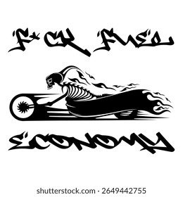 Simple Vector Image Of A Motorcycle In The Form Of A Human Skeleton On A White Background With Lettering F*CK FUEL ECONOMY. T-shirt Image. Image For Tattoo. Jacket design.