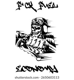 Simple Vector Image Of A Motorcycle In The Form Of A Human Skeleton On A White Background With Lettering F*CK FUEL ECONOMY. T-shirt Image. Image For Tattoo. Jacket design.