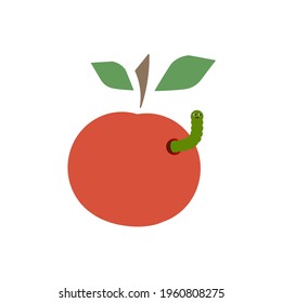 Simple vector image of a red apple with funny little worm 