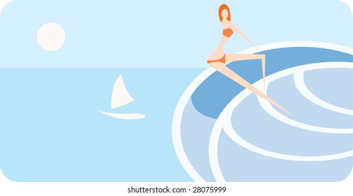 simple vector image of resting girl on the wave
