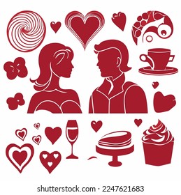 Simple vector image show couples or individuals expressing their love and affection for one another. The image drawn in shades of red and pink, to represent the traditional colors of valentine's day