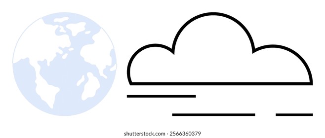 Simple vector image showing Earth and a cloud. Ideal for themes about weather global climate environmental awareness education and geography. Clean design appeals to eco-friendly campaigns