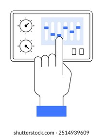 Imagem vetorial simples mostrando uma mão interagindo com um painel de controle de áudio. Ideal para temas como tecnologia, engenharia de som, interface de usuário, configurações de controle e dispositivos de tela sensível ao toque. Minimalista