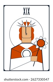 Simple vector image of tarot card the sun in the form of a man in a red cloak and a crown of rays and a flower in his hands