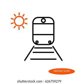 Simple vector image of a train on rails with sleepers and orange sun, a flat line icon for a travel agency