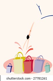 einfaches Vektorbild von Frauen, die auf Einkäufe springen