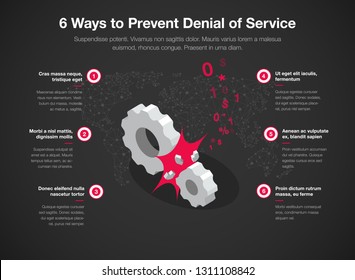 Simple Vector infographic for 6 way to prevent denial of services (dos) with broken gears as a main symbol - dark version. Easy to use for your website or presentation.