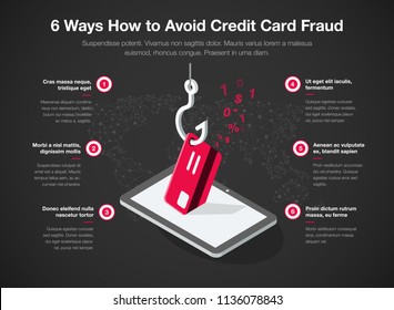 Simple Vector Infographic For 6 Ways How To Avoid Credit Card Fraud Template Isolated On Dark Background. Easy To Use For Your Website Or Presentation.