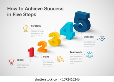 Simple vector infographic for how to achieve success in five steps with colorful 3d numbers and icons. Easy to use for your website or presentation.