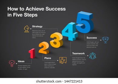 Simple vector infographic for how to achieve success in five steps with colorful 3d numbers and icons - dark version. Easy to use for your website or presentation.