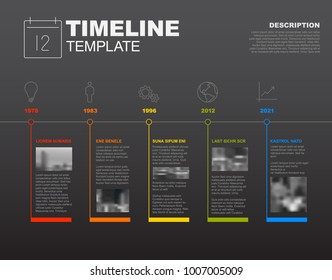 Simple vector Infographic timeline report template with the biggest milestones, icons, photos, years - dark version