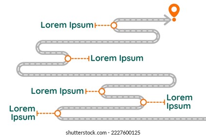 Simple vector infographic of a winding asphalt road with five stages leading to the goal. Modern minimal template with text and graphics