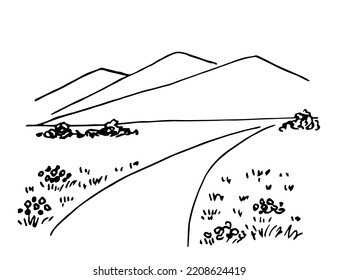 Simple vector ink sketch. Mountains on the horizon, country road, flowers and grass. Walk in nature, flowering meadows. Rural landscape.