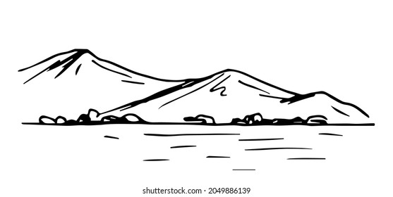 Simple vector ink sketch. Shore of a mountain lake, bushes, calm water. Landscape, nature, tourism and travel. For printing postcards, labels. Black outline drawing.