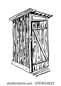 Esbozo simple de tinta vectorial. Retrete exterior de madera. Cuarto de baño de pueblo.