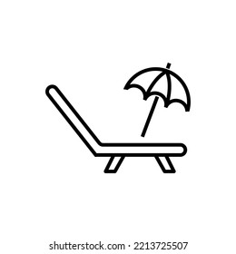 Simple vector isolated pictogram drawn with black thin line. Editable stroke for web sites, adverts, stores, shops. Vector line icon of umbrella over deckchair on beach 