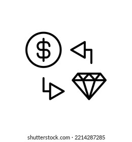 Simple vector isolated pictogram drawn with black thin line. Editable stroke for web sites, adverts, stores, shops. Vector line icon of dollar and diamond exchange 