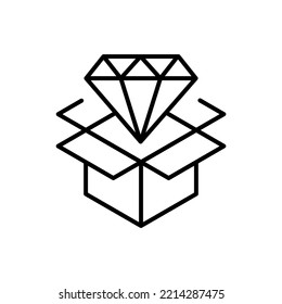 Simple vector isolated pictogram drawn with black thin line. Editable stroke for web sites, adverts, stores, shops. Vector line icon of diamond over opened box 