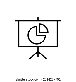 Simple vector isolated pictogram drawn with black thin line. Editable stroke for web sites, adverts, stores, shops. Vector line icon of pie chart on presentation board 
