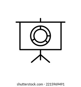 Simple vector isolated pictogram drawn with black thin line. Editable stroke for web sites, adverts, stores, shops. Vector line icon of pie chart on presentation board 