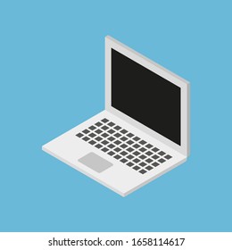 A simple vector isometric illustration of a white laptop with black screen on blue bakground.
