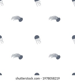 Simple vector jellyfish silhouette monochrome seamless pattern. Blue isolated animals on white background
