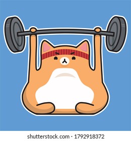 simple vector kawaii cartoon illustration sticker of a red ginger gym cat lifting weight barbell with red headband on blue background