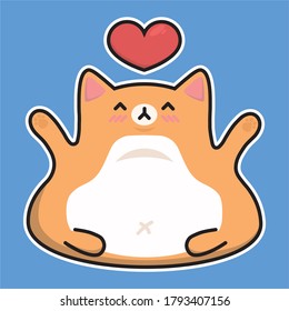 simple vector kawaii cartoon illustration or sticker of a red ginger happy loving  cat with heart over it on blue background