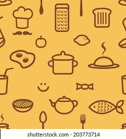 Simple vector kitchen seamless pattern, food and cutlery