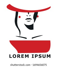 Simple vector lady in red illustration. Beautiful woman. Stylish look concept. Element with a place for you text. Usuful for banner, poster, card, print and other designs.