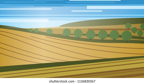 Simple vector landscape of field. Picturesque graphic illustration of natural scenery.