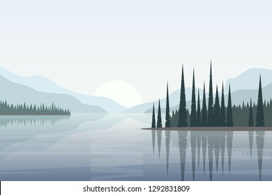 Simple vector landscape with lake surrounded by hills and trees reflected in calm water. Illustration in flat style for website background