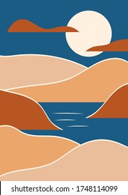 Simple vector landscape poster with hills, moon, sea. Royal blue, warm brown, beige, white colors. Trendy vertical print for t-shirt, cover, decor. EPS10, editable.