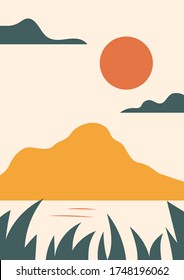Simple vector landscape poster with hills, sun, sea, vintage oriental style. Warm retro red, yellow, beige, green. Trendy vertical print for t-shirt, cover, decor. EPS10, editable.